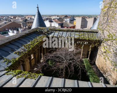 Vista aerea del cortile di un edificio storico con un albero e vegetazione, circondato da tetti e montagne sullo sfondo Foto Stock