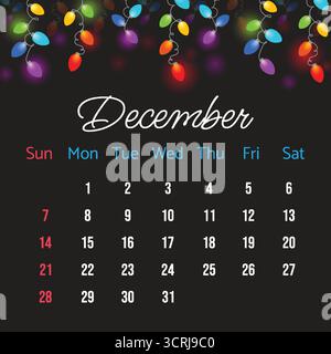 Calendario di dicembre 2025 con luci di Natale su sfondo scuro. Dicembre 2025 illustrazione vettoriale del calendario con luci natalizie colorate. Calenda Illustrazione Vettoriale