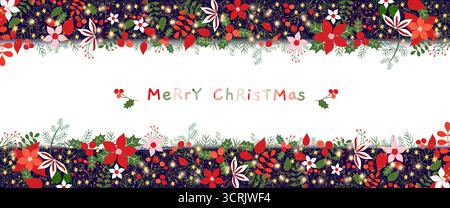 Sfondo orizzontale natalizio, striscione natalizio con rami di pino verde, fiore di punta rossa e agrifoglio, stelle lucenti ed effetto glitter Foto Stock
