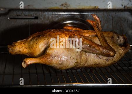 un pollo cucinato su una rosticceria. Il pollo arrosto è un piatto in cui un pollo intero viene spiedato e arrostito lentamente su una fonte di calore Foto Stock