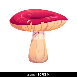Cartoni animati Autunno stagione autunnale fungo con ampio berretto rosso piatto. Funghi isolati della foresta maturi e grezzi. Pianta selvatica, ingrediente naturale, specie micologiche, vegetazione forestale Illustrazione Vettoriale