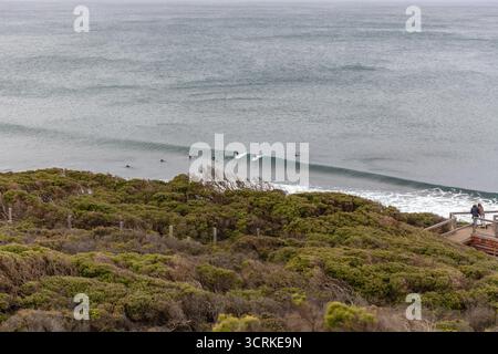Vista dell'iconica spiaggia di surf Bells a Surf Coast Shire, lungo la Great Ocean Road. Victoria, Australia Foto Stock