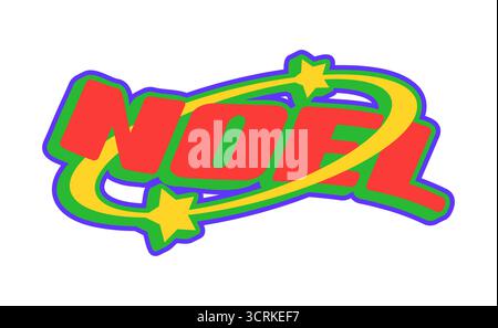 Adesivo o etichetta Christmas noel Y2K Groovy. Etichetta natalizia anni '60 Y2K, patch vettoriale retrò per festeggiare le festività invernali. Cartellino per le feste di Capodanno o adesivo vintage con stelle e colori vivaci tipografia Illustrazione Vettoriale