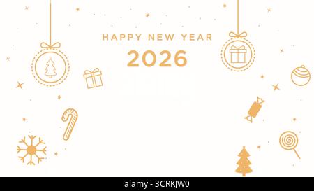 Design semplice ed elegante Happy New Year 2026 con icone festive dorate su sfondo bianco, illustrazione vettoriale Illustrazione Vettoriale