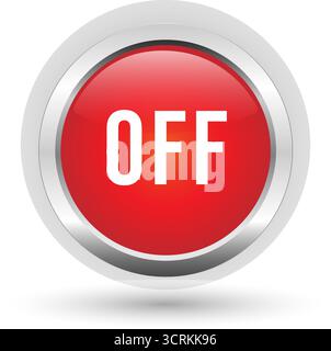 Pulsante rosso lucido con bordo metallico e testo OFF, che simboleggia l'accensione o lo spegnimento, illustrazione vettoriale Illustrazione Vettoriale