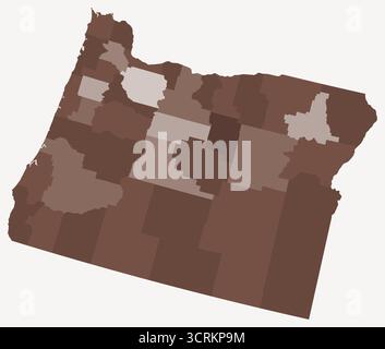 Mappa dell'Oregon con le contee. Solo una semplice mappa del confine di stato con la divisione della contea. Tavolozza dei colori marrone. Illustrazione Vettoriale