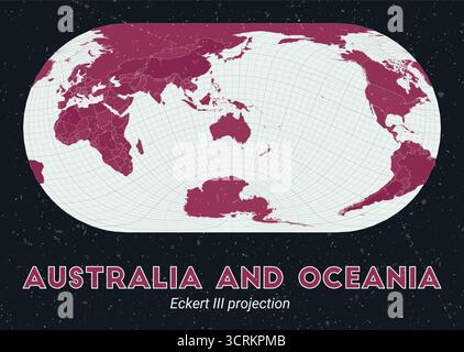 Australia e Oceania. Mappa del mondo. Proiezione di Eckert III incentrata su Australia e Oceania. Pallido Mint Dark Pink (Rosa scuro). Texture vintage. Illustrazione Vettoriale
