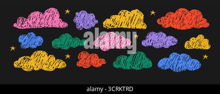 Nuvole di matite astratte. Disegni divertenti a carboncino e pastello. Scarabocchi disegnati a mano per bambini per vivaio o inviti. Immagine grunge. Vettoriale colorato Illustrazione Vettoriale