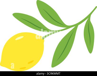Illustrazione minimale al limone con foglie verdi vivaci in stile cartoni animati vettoriali Illustrazione Vettoriale