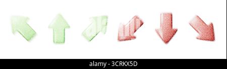 Set di frecce verdi verso l'alto e rosse verso il basso con trama sfocata a disturbo granuloso, simbolo di gradiente mezzitoni astratto per mercato azionario, finanza, crescita Illustrazione Vettoriale