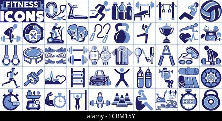 Set icone fitness - palestra, allenamento, esercizio, sport, salute, allenamento, yoga, corsa, attrezzatura, nutrizione, pacchetto Vector Lifestyle Illustrazione Vettoriale
