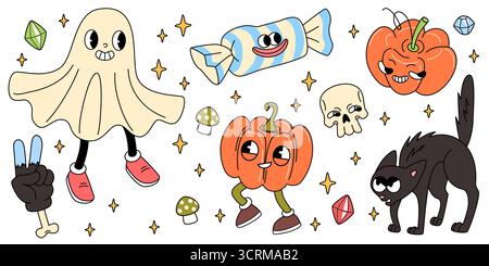 Icone retrò di Halloween isolate su sfondo bianco. Illustrazione vettoriale di zucca, fantasma, mano di zombie, gatto nero, mascotte teschio con volti, dolcetti e stelle delle feste, personaggi spaventosi delle feste Illustrazione Vettoriale
