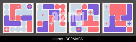 Layout a griglia bento colorati con rettangoli arrotondati, cerchi e stelle per un design moderno dell'interfaccia. Blocchi geometrici rosa, viola e blu disposti in composizioni modulari con elementi decorativi Illustrazione Vettoriale