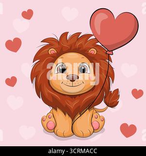 Carino Leone cartoni animati con palloncino rosso a forma di cuore. Illustrazione vettoriale di un animale su sfondo rosa con cuori. Illustrazione Vettoriale