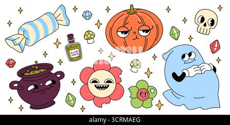 Icone di Halloween soleggiate su sfondo bianco. Illustrazione vettoriale di zucca retrò, fiore di zombie, fantasma, calderone, mascotte teschi con volti, dolcetti natalizi e bottiglia di pozioni, personaggi spaventosi Illustrazione Vettoriale