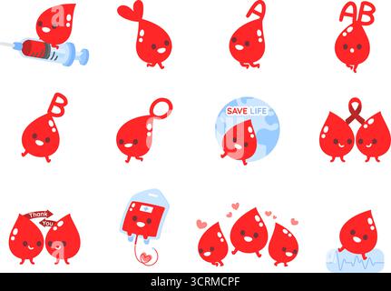 carino design piatto cartoni animati blood drop. Illustrazione vettoriale Del carattere del gruppo B AB del sangue di tipo o. giorno del donatore di sangue. Illustrazione Vettoriale