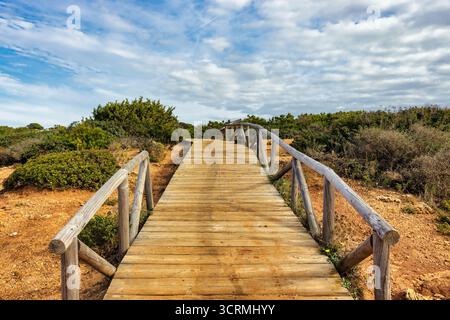 Vista frontale della passerella di legno o del sentiero che corre lungo la cima delle scogliere Roche (Acantilados de Roche) a Conil de la Frontera, provincia di Cadice Foto Stock