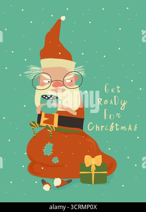 Babbo Natale allegro e arrabbiato seduto sulla borsa con regali e bevi cacao Illustrazione Vettoriale