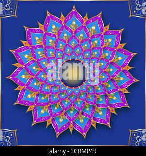 Arte rangoli mandala di fiori indiani con bordo a cerchio dorato di lusso, illustrazione vettoriale su sfondo blu Illustrazione Vettoriale