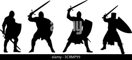 silhouette da cavalieri medievali con spada e scudo Illustrazione Vettoriale