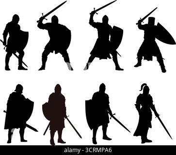 silhouette da cavalieri medievali con spada e scudo Illustrazione Vettoriale