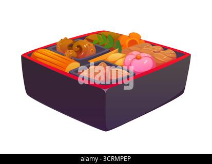 Scatola bento giapponese a cartoni animati con piatti tradizionali Illustrazione Vettoriale