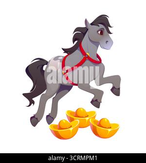 Personaggio del cavallo cartoni animati che salta su lingotti dorati Illustrazione Vettoriale