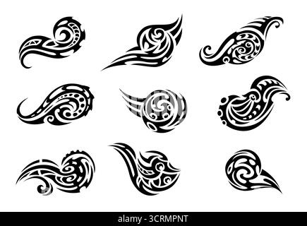 Set di tatuaggi Maori neri, decalcomanie ornamenti tribali Illustrazione Vettoriale