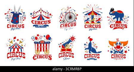 Il circo mostra icone insieme vettoriale isolato di emblemi Illustrazione Vettoriale