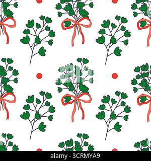 Disegno a mano senza cuciture con rami verdi legati con fiocchi rossi e puntini rossi sparsi. Perfetto per la carta da imballaggio, la stampa tessile, Illustrazione Vettoriale