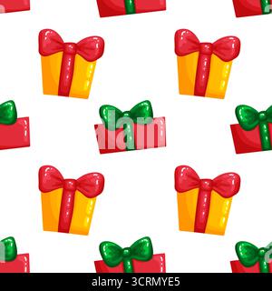 Motivo vettoriale senza cuciture con colorate scatole regalo di Natale confezionate in carta rossa e gialla con archi verdi e rossi. Perfetto per la carta da imballaggio, textil Illustrazione Vettoriale