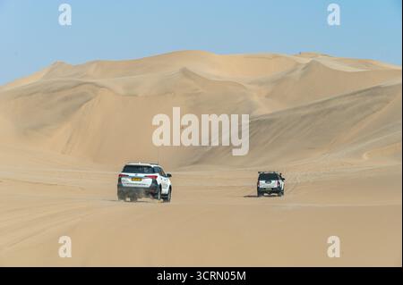 Ampia ripresa retrovisiva di due veicoli 4x4 che attraversano vaste dune dorate del deserto del Namib, sabbie torreggianti sullo sfondo, cielo azzurro, Swakopmund, Namibia. Foto Stock