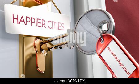 Gli spazi pubblici ben progettati conducono a città più felici: È la chiave per sbloccare città più felici. Una metafora della chiave della porta Foto Stock