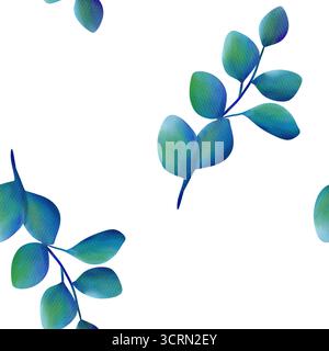 Bellissimo eucalipto blu e verde su sfondo bianco, motivo floreale senza cuciture. Acquerello digitale Foto Stock