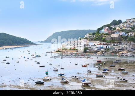 Vista da Snapes Point con vista sulla città di Salcombe con barche nel porto e sull'estuario di Kingsbridge, South Hams, South Devon National Landscape, Inghilterra, Regno Unito Foto Stock