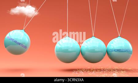 Le politiche abitative inclusive producono meno senzatetto. Una metafora della culla di Newton in cui le politiche abitative inclusive danno slancio a meno Homelessnes Foto Stock