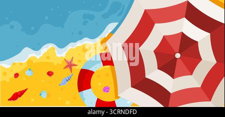 spiaggia con ombrellone e onde di mare, banner per le vacanze estive Illustrazione Vettoriale