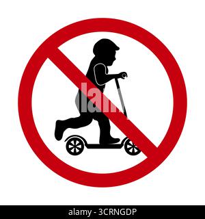 Cartello divieto di guidare uno scooter con silhouette per bambini. Un cartello di divieto che mostra un bambino in sella a uno scooter, barrato con un cerchio rosso. Illustrazione Vettoriale