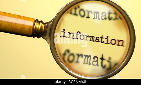 Informazioni sotto la lente d'ingrandimento. Analisi approfondita e ispezione delle informazioni. Un'occhiata approfondita alle informazioni. Esame del concetto o Foto Stock