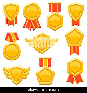Set di medaglie d'oro con nastro. Premio di gioco per i vincitori. Illustrazione del premio per competizioni sportive. Illustrazione Vettoriale
