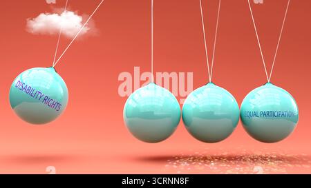 I diritti di invalidità producono pari partecipazione. Una metafora della culla di Newton in cui i diritti della disabilità danno slancio a una partecipazione paritaria. Causa ed e. Foto Stock