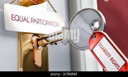 I diritti di disabilità portano alla parità di partecipazione: È una chiave per sbloccare la parità di partecipazione. Una metafora della chiave della porta Foto Stock