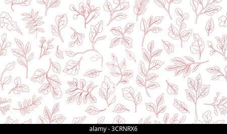 Motivo artistico a linee floreali senza cuciture con foglie delicate, sfondo botanico rosa tenue per un design decorativo Illustrazione Vettoriale