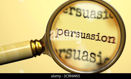 Persuasione sotto lente di ingrandimento. Analisi approfondita e ispezione della persuasione. Un'occhiata più da vicino alla persuasione. Esame del concetto di p Foto Stock