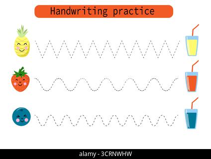 Pratica di scrittura a mano per bambini. Disegna linee per i bambini. Tracciatura e colorazione, frutta e bacche. EPS10 vettoriale Illustrazione Vettoriale