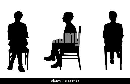 silhouette della vista anteriore, laterale e posteriore delle stesse donne sedute su una sedia vestita con stivali e jeans Foto Stock