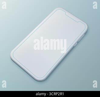 Moderno mockup vettoriale bianco per smartphone con schermo vuoto, vista angolata su uno sfondo blu delicato. Ideale per presentazioni di progettazione di app o UI Illustrazione Vettoriale