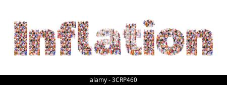 Grande gruppo di persone che formano la parola inflazione. Rappresenta un aumento dei prezzi e una riduzione del potere d'acquisto. Adatto per la finanza, l'economia, il costo della vita Foto Stock