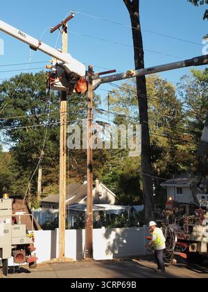 Equipaggi delle compagnie elettriche che riparano i danni causati da un albero caduto. Pali di servizio sostituiti da equipaggi. Dumper a benna per attrezzature pesanti. Foto Stock