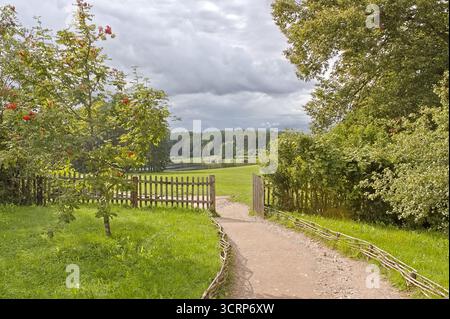 Cancello e sentiero di legno aperti che conducono attraverso prati verso una foresta lontana sotto il cielo nuvoloso. Paesaggio rurale con recinzione e sentiero invitante che scompare Foto Stock